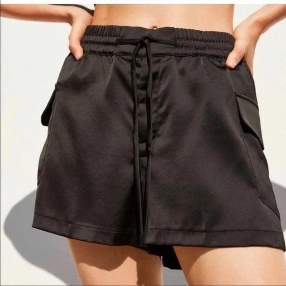 ZARA XS Black Satin Cargo Shorts Drawstring Elastic Waist Casual